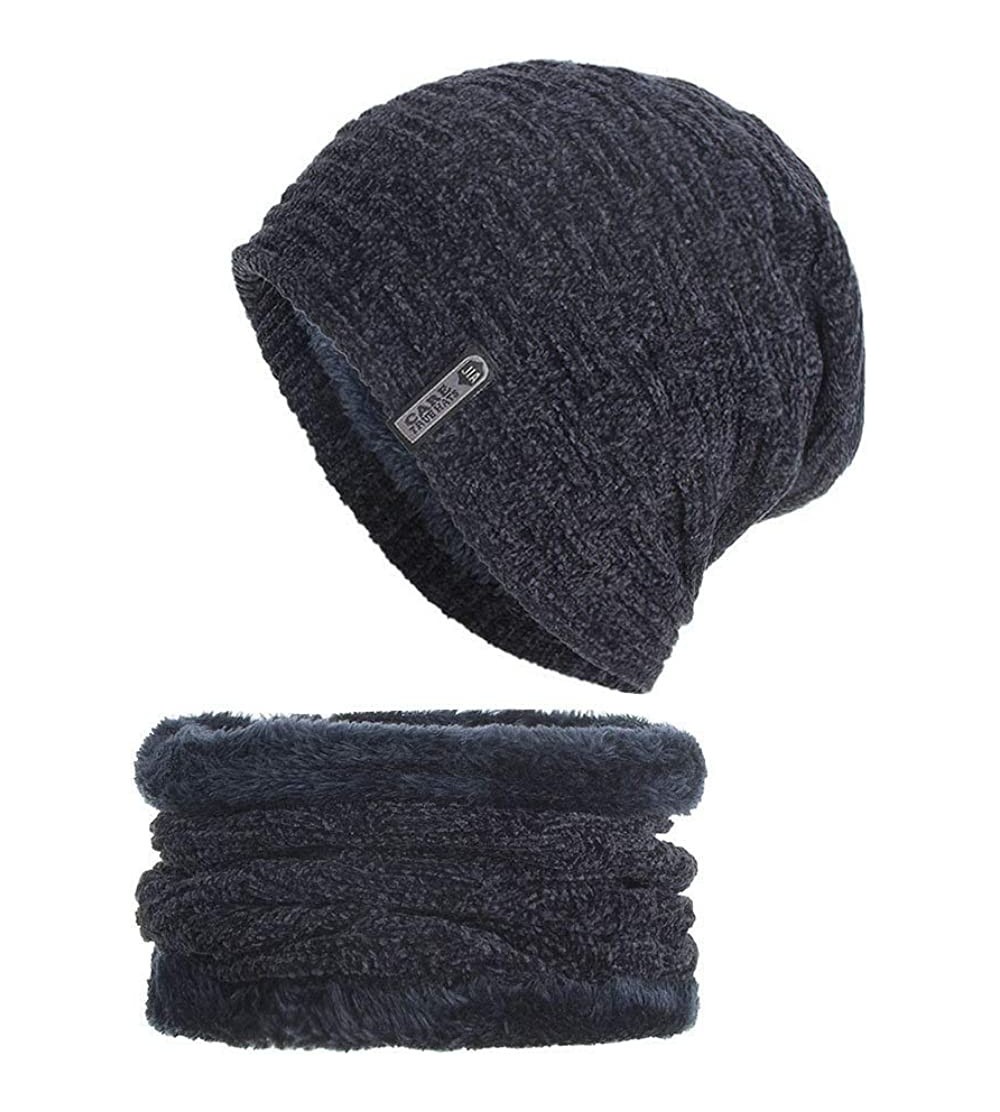 Skullies & Beanies 2PCS Set Unisex Knitted Thick Cap Hedging Head Hat Beanie Warm Caps+Neck Warmers Suit - Navy - CX18L3C984Q...