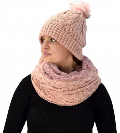 Skullies & Beanies Thick Warm Crochet Beanie Hat & Plush Fur Lined Infinity Loop Scarf Set - Pink 97 - CY1883XO2WR $17.49