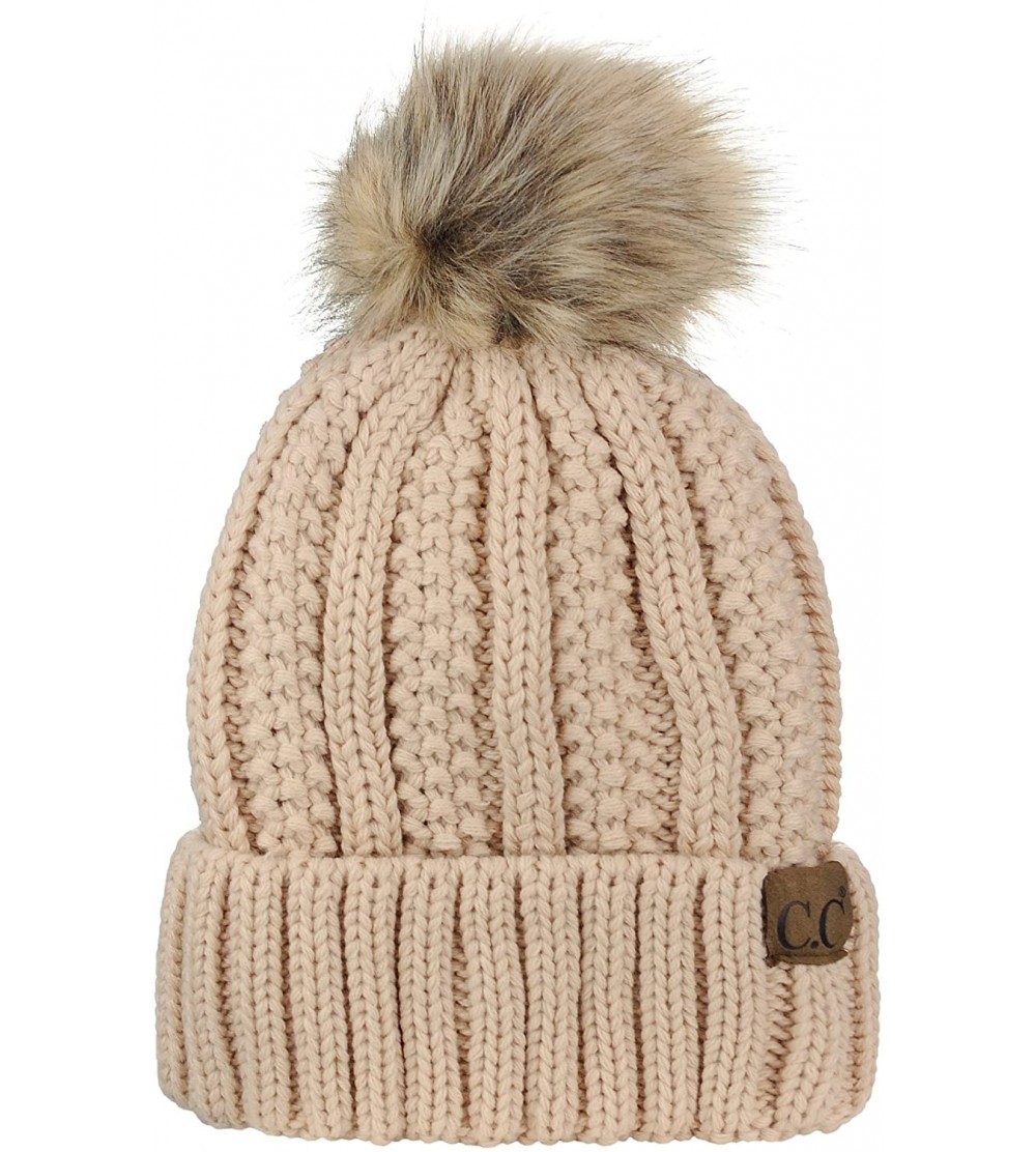 Skullies & Beanies Thick Cable Knit Faux Fuzzy Fur Pom Fleece Lined Skull Cap Cuff Beanie - New Beige - C418GXI09GQ $18.99