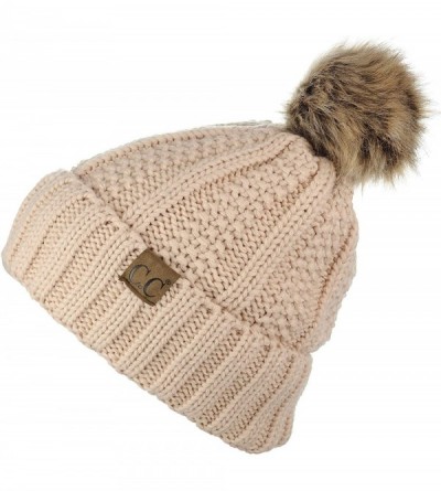 Skullies & Beanies Thick Cable Knit Faux Fuzzy Fur Pom Fleece Lined Skull Cap Cuff Beanie - New Beige - C418GXI09GQ $18.99