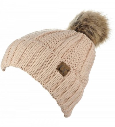 Skullies & Beanies Thick Cable Knit Faux Fuzzy Fur Pom Fleece Lined Skull Cap Cuff Beanie - New Beige - C418GXI09GQ $18.99