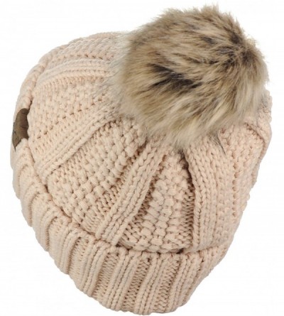 Skullies & Beanies Thick Cable Knit Faux Fuzzy Fur Pom Fleece Lined Skull Cap Cuff Beanie - New Beige - C418GXI09GQ $18.99