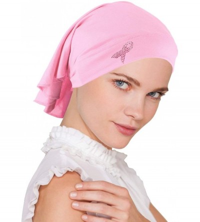 Skullies & Beanies Breast Cancer Awareness Soft Bandana Head Wrap Hat with Pink Ribbon Metallic Rhinestud - 02- Pink - CV1867...