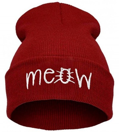 Skullies & Beanies Slouchy Beanie Winter Knit Skull Hat for Women Men with Meow - Red - CL12980Q6GB $22.48