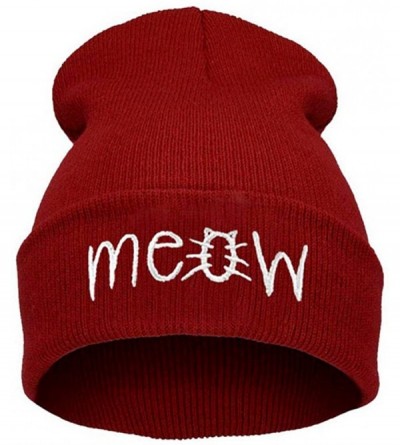 Skullies & Beanies Slouchy Beanie Winter Knit Skull Hat for Women Men with Meow - Red - CL12980Q6GB $9.04