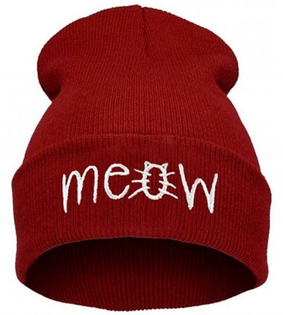 Skullies & Beanies Slouchy Beanie Winter Knit Skull Hat for Women Men with Meow - Red - CL12980Q6GB $9.04