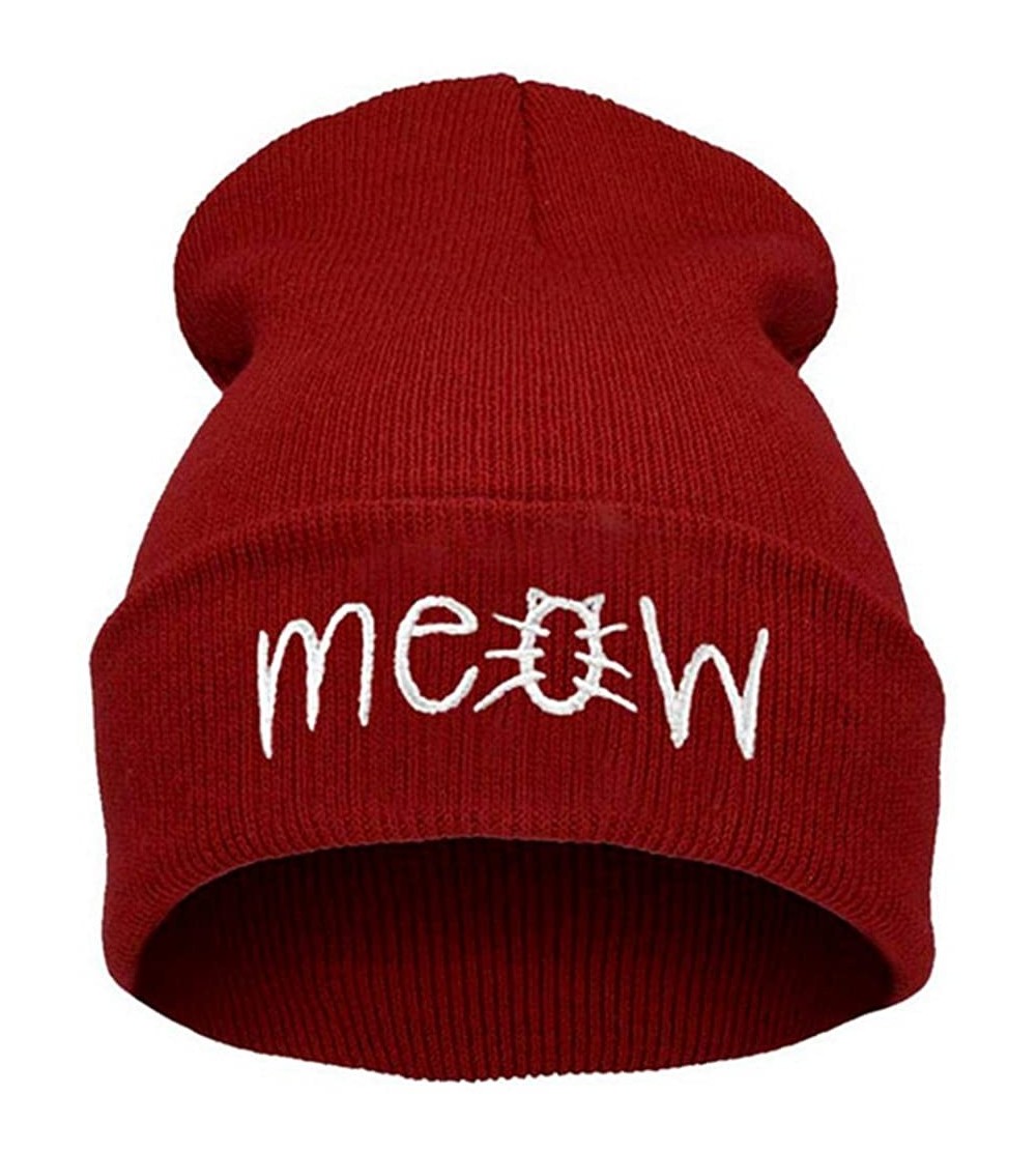 Skullies & Beanies Slouchy Beanie Winter Knit Skull Hat for Women Men with Meow - Red - CL12980Q6GB $9.04