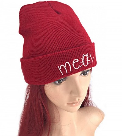 Skullies & Beanies Slouchy Beanie Winter Knit Skull Hat for Women Men with Meow - Red - CL12980Q6GB $9.04
