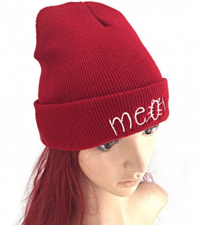 Skullies & Beanies Slouchy Beanie Winter Knit Skull Hat for Women Men with Meow - Red - CL12980Q6GB $9.04