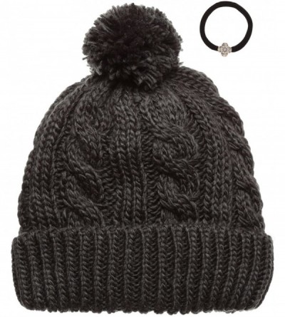 Skullies & Beanies Women's Thick Oversized Cable Knitted Fleece Lined Pom Pom Beanie Hat with Hair Tie. - Dark Grey - CP12JOJ...