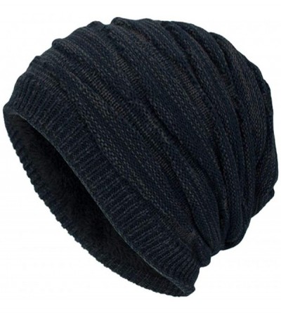 Skullies & Beanies Men Winter Skull Cap Beanie Large Knit Hat with Thick Fleece Lined Daily - B - Navy Blue - CS18ZCA9HQQ $18.14