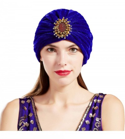 Skullies & Beanies Women's Ruffle Turban Hat Knit Turban Headwraps with Detachable Crystal Brooch for 1920s Gatsby Party - CS...