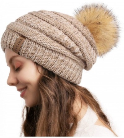 Skullies & Beanies Winter Slouchy Beanie Hats Women Fleece Lined Warm Ski Knitted Pom Pom Hat - 12-mixkhaki - CH18UMXI9SC $16.75