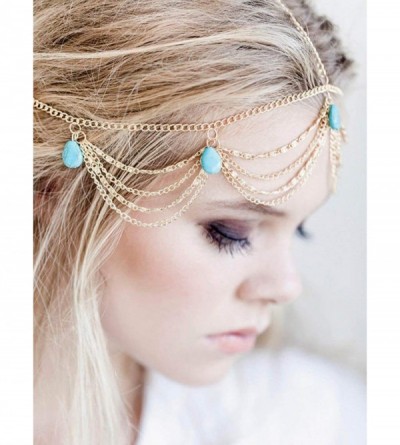 Headbands Leaves Head Chain Jewelry Turquoise Trendy Hair Band Elastic for Women and Girls (Gold A) - Gold A - C418IHU5DKW $9.91