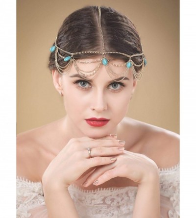 Headbands Leaves Head Chain Jewelry Turquoise Trendy Hair Band Elastic for Women and Girls (Gold A) - Gold A - C418IHU5DKW $9.91