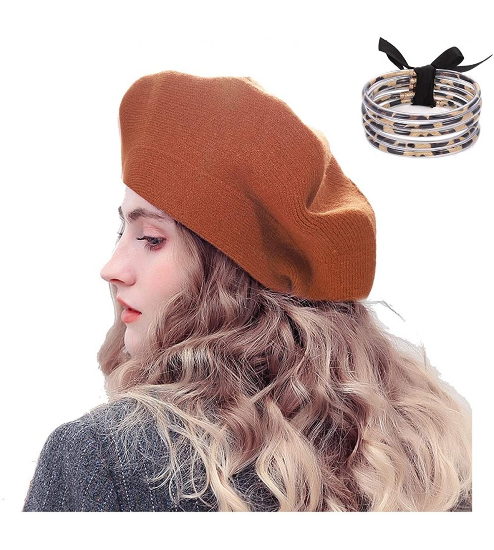 Berets Wool Knit Beret Hat for Women Girls French Style Berets Caps - Orange Red - C018AUWG09Y $14.12