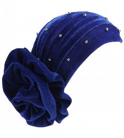 Skullies & Beanies Women Velvet Turban Hat Indian Cap Flower Slouchy Beanie Stretch Chemo Headwrap - Mb Flower Beads Royal Bl...