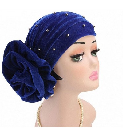 Skullies & Beanies Women Velvet Turban Hat Indian Cap Flower Slouchy Beanie Stretch Chemo Headwrap - Mb Flower Beads Royal Bl...