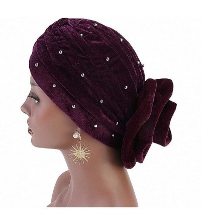 Skullies & Beanies Women Velvet Turban Hat Indian Cap Flower Slouchy Beanie Stretch Chemo Headwrap - Mb Flower Beads Royal Bl...