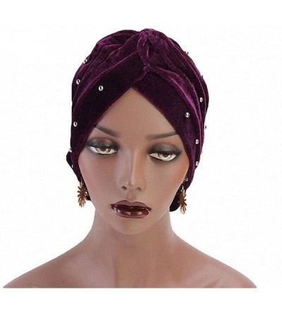 Skullies & Beanies Women Velvet Turban Hat Indian Cap Flower Slouchy Beanie Stretch Chemo Headwrap - Mb Flower Beads Royal Bl...