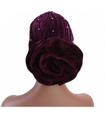 Skullies & Beanies Women Velvet Turban Hat Indian Cap Flower Slouchy Beanie Stretch Chemo Headwrap - Mb Flower Beads Royal Bl...