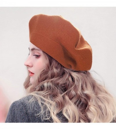 Berets Wool Knit Beret Hat for Women Girls French Style Berets Caps - Orange Red - C018AUWG09Y $14.12