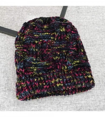 Skullies & Beanies Winter Stretch Cable Knit Beanie Skull Cap High Bun Ponytail Bun Hat with Colored-Spots - Black a - C718LX...