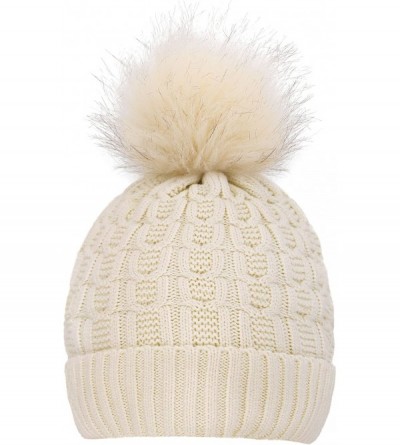 Skullies & Beanies Women Winter Cable Knit Fleece Lined Warm Pom Pom Beanie Hat - Single Pom_vanilla - CF192SOKTQI $10.86