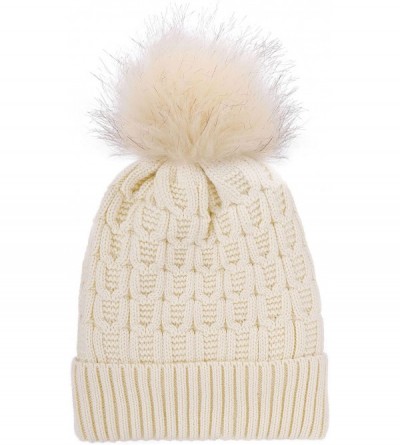 Skullies & Beanies Women Winter Cable Knit Fleece Lined Warm Pom Pom Beanie Hat - Single Pom_vanilla - CF192SOKTQI $10.86