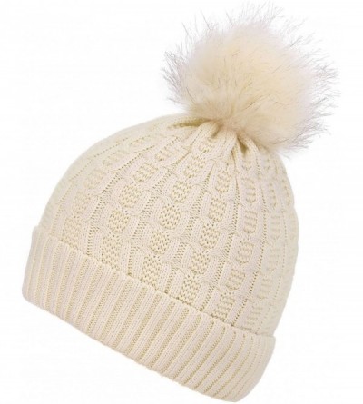 Skullies & Beanies Women Winter Cable Knit Fleece Lined Warm Pom Pom Beanie Hat - Single Pom_vanilla - CF192SOKTQI $10.86