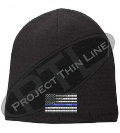 Skullies & Beanies Embroidered Thin Blue Line American Flag Support Police Beanie Skull Cap - Choose Color - Black - CG180TUQ...