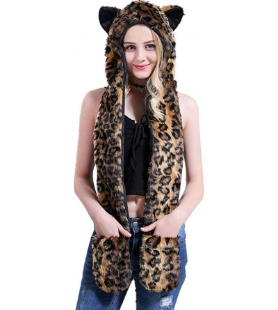 Bomber Hats Animal Hood Faux Fur Hat with Scarfs Mittens Ears and Paws 3 in 1 Soft Warm Winter Headwear - Big Leopard - CS18K...