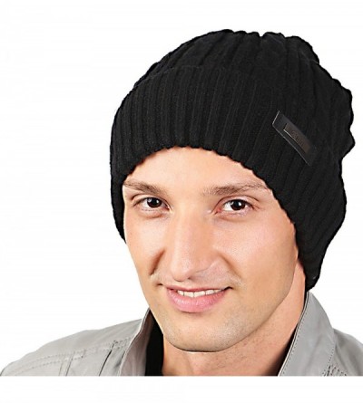 Skullies & Beanies Mens Winter Hat Warm Comfortable Soft Knit Beanie Hats Lined with Fleece - Black - CM184YKZ23N $9.78