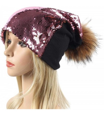 Skullies & Beanies Sequin Pom Beanie Hats Women Girls Ugly Christmas Sweater Holiday Caps for Concert Parties - Pink - C618QR...