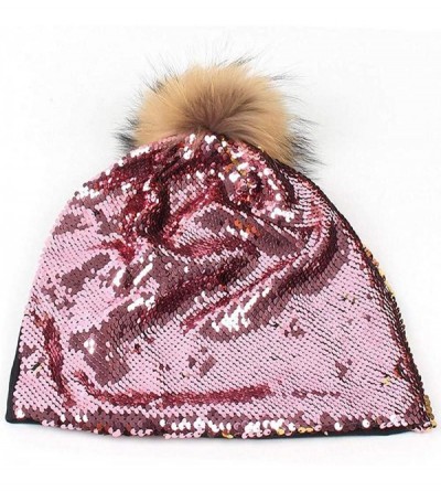 Skullies & Beanies Sequin Pom Beanie Hats Women Girls Ugly Christmas Sweater Holiday Caps for Concert Parties - Pink - C618QR...