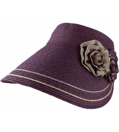Visors Women's Roll Up Wide Brim Sun Visor Hat with Flower Trim - Purple - C611MF6OZ8H $22.21
