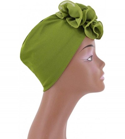 Skullies & Beanies Shiny Metallic Turban Cap Indian Pleated Headwrap Swami Hat Chemo Cap for Women - Army Green African Flowe...