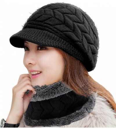 Skullies & Beanies Women Winter Warm Knit Hat Wool Snow Ski Caps with Visor - _Hat + Scarf (Black) - C2189ISQ58O $17.52