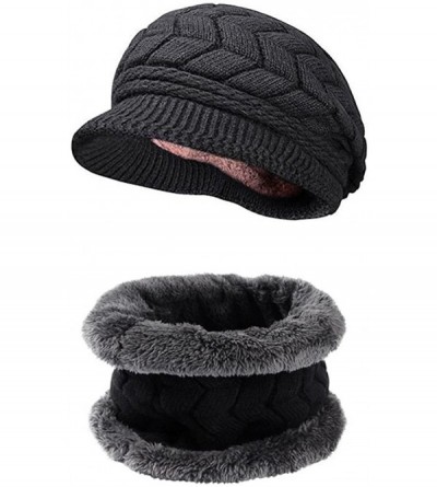 Skullies & Beanies Women Winter Warm Knit Hat Wool Snow Ski Caps with Visor - _Hat + Scarf (Black) - C2189ISQ58O $17.52
