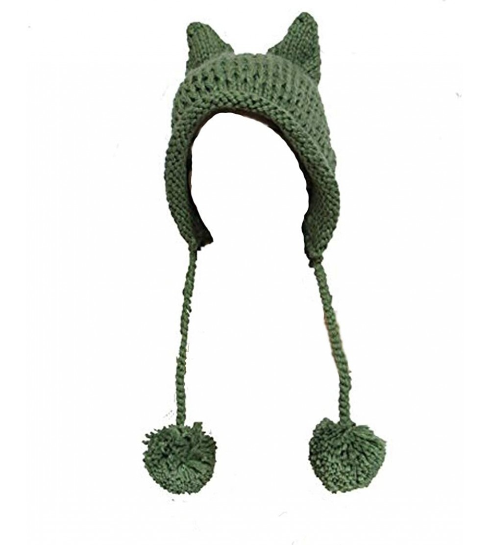 Skullies & Beanies Hot Pink Pussy Cat Beanie for Women's March Knitted Hat with Pom Pom Ear Cap - Army Green - CB1802K0KM0 $1...