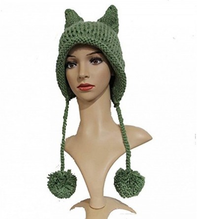 Skullies & Beanies Hot Pink Pussy Cat Beanie for Women's March Knitted Hat with Pom Pom Ear Cap - Army Green - CB1802K0KM0 $1...