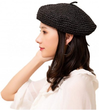 Berets Straw Beret Summer French Beret Hats for Women Artist Crochet Beret - Black - CK18SZ7SHWX $13.65