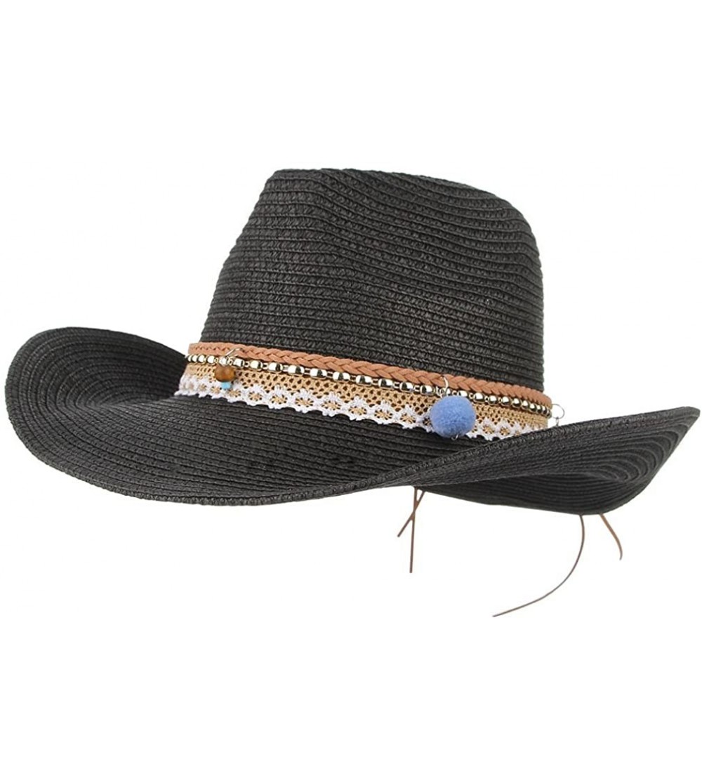 Sun Hats Cowboy Cowgirl Floppy Sun Hat Fedora Straw Wide Brim Bucket Beach Cap - Black - C218D6MT0RQ $12.43