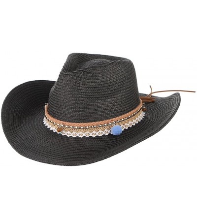 Sun Hats Cowboy Cowgirl Floppy Sun Hat Fedora Straw Wide Brim Bucket Beach Cap - Black - C218D6MT0RQ $12.43