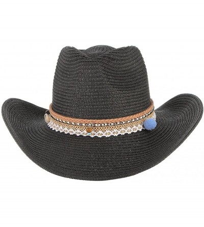 Sun Hats Cowboy Cowgirl Floppy Sun Hat Fedora Straw Wide Brim Bucket Beach Cap - Black - C218D6MT0RQ $12.43