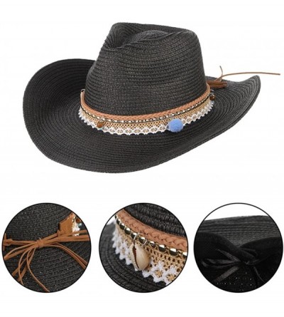 Sun Hats Cowboy Cowgirl Floppy Sun Hat Fedora Straw Wide Brim Bucket Beach Cap - Black - C218D6MT0RQ $12.43