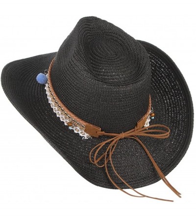 Sun Hats Cowboy Cowgirl Floppy Sun Hat Fedora Straw Wide Brim Bucket Beach Cap - Black - C218D6MT0RQ $12.43