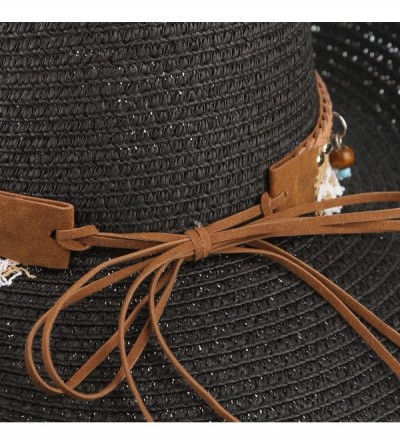 Sun Hats Cowboy Cowgirl Floppy Sun Hat Fedora Straw Wide Brim Bucket Beach Cap - Black - C218D6MT0RQ $12.43