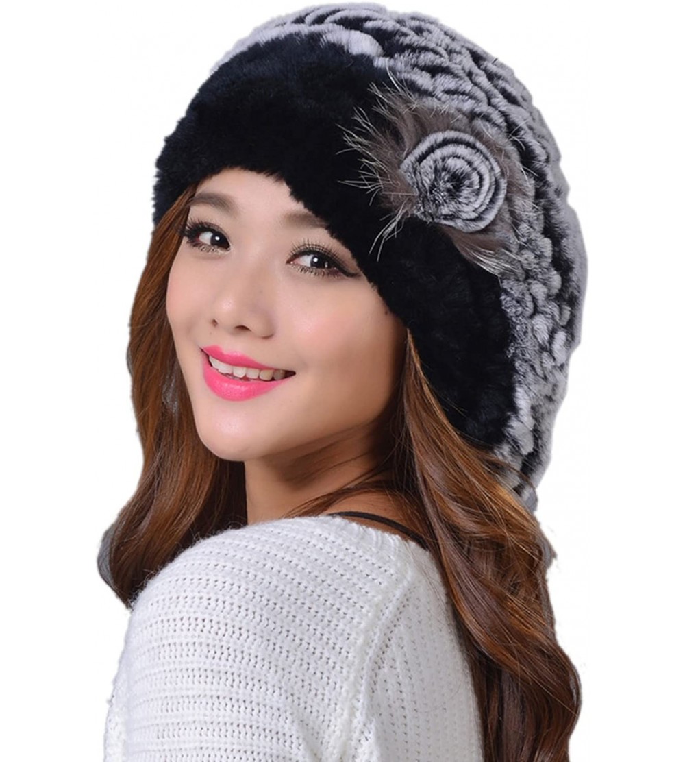 Berets Women's Winter Rex Rabbit Fur Beret Hat with Fur Flower - Blk Grey - C712N70GDKA $21.45