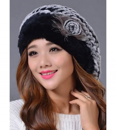Berets Women's Winter Rex Rabbit Fur Beret Hat with Fur Flower - Blk Grey - C712N70GDKA $21.45